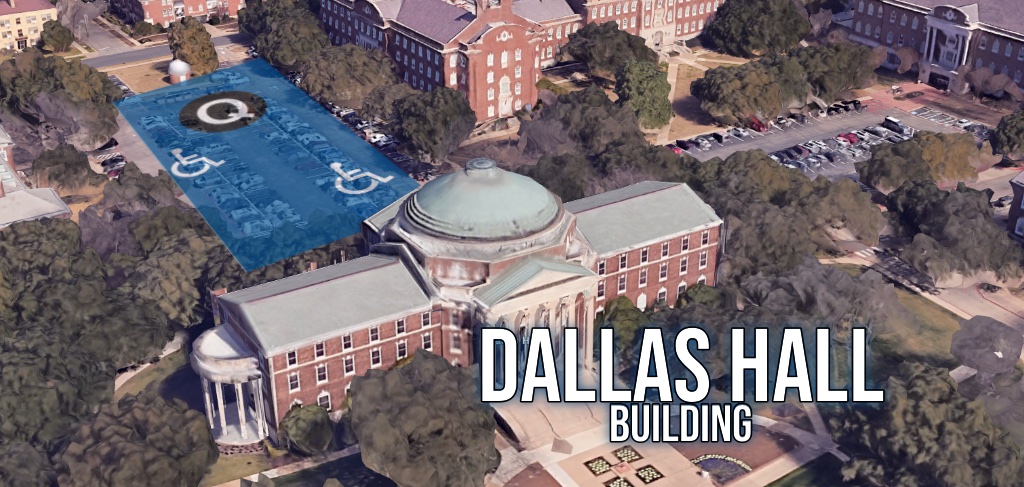 Map showing Dallas Hall and nearby parking at SMU